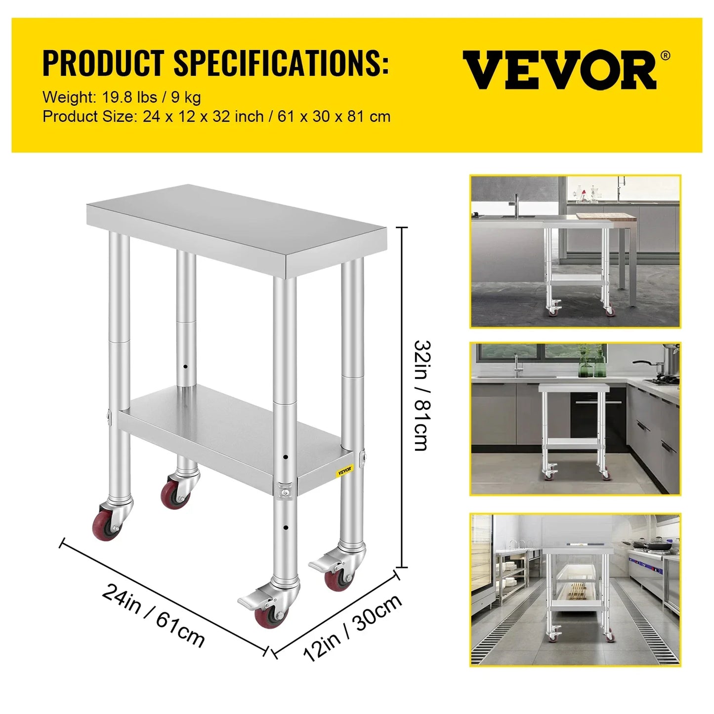 VEVOR Stainless Steel 700lbs Kitchen Worktable with 4Caster Wheels