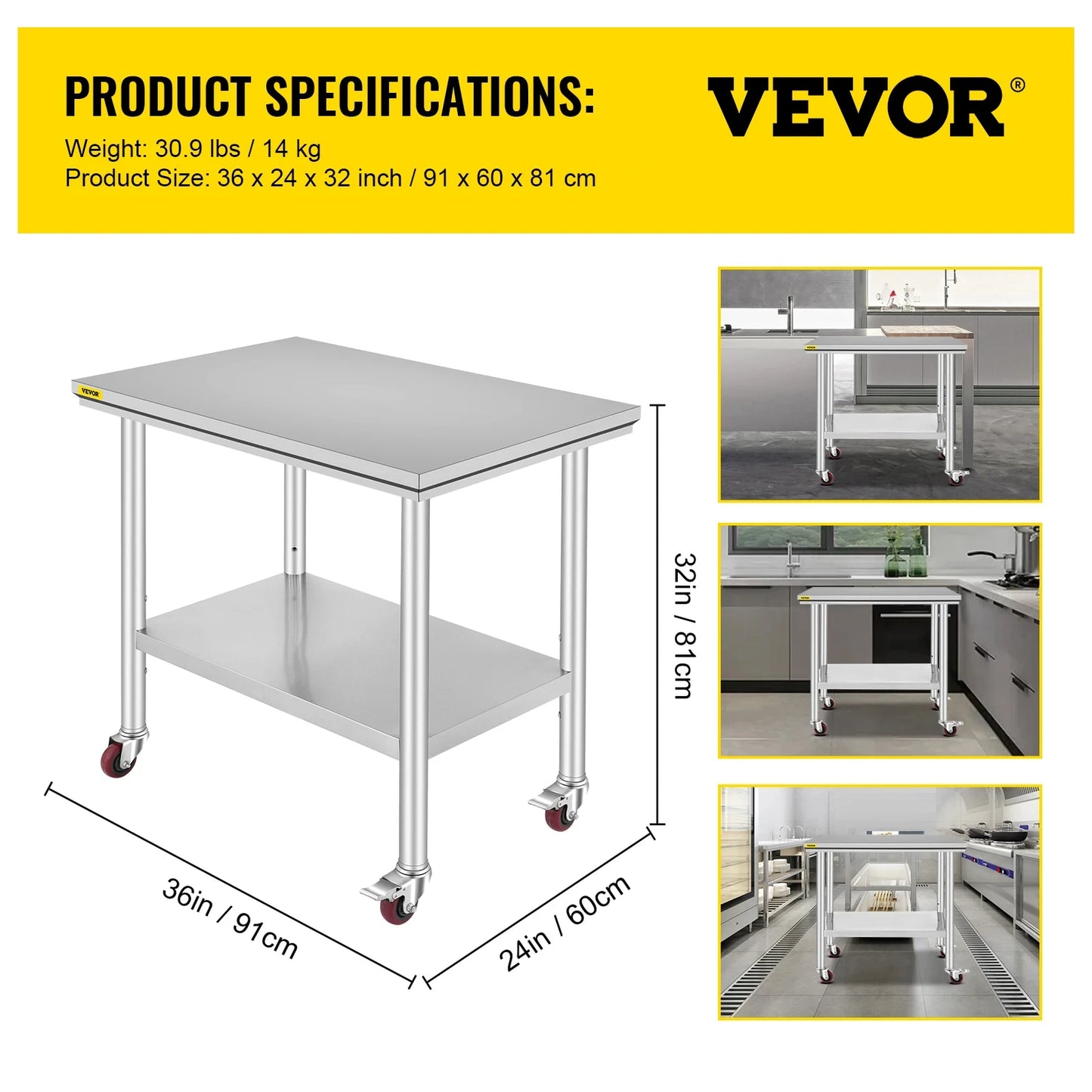 VEVOR Stainless Steel 700lbs Kitchen Worktable with 4Caster Wheels
