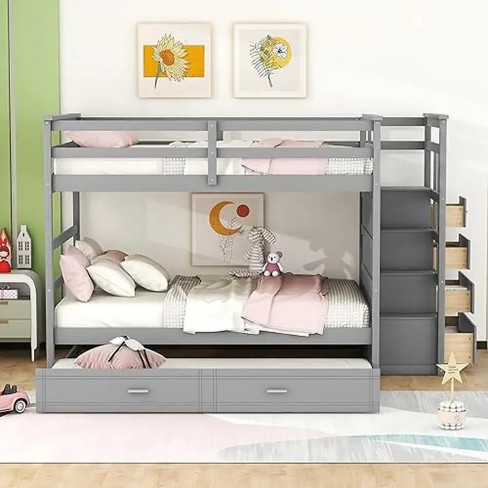 Full Over Full Bunk Bed with Storage Trundle Staircase in Modern Gray Wooden Twin Size Kids Bedroom Furniture with 4 Drawers Solid Pine