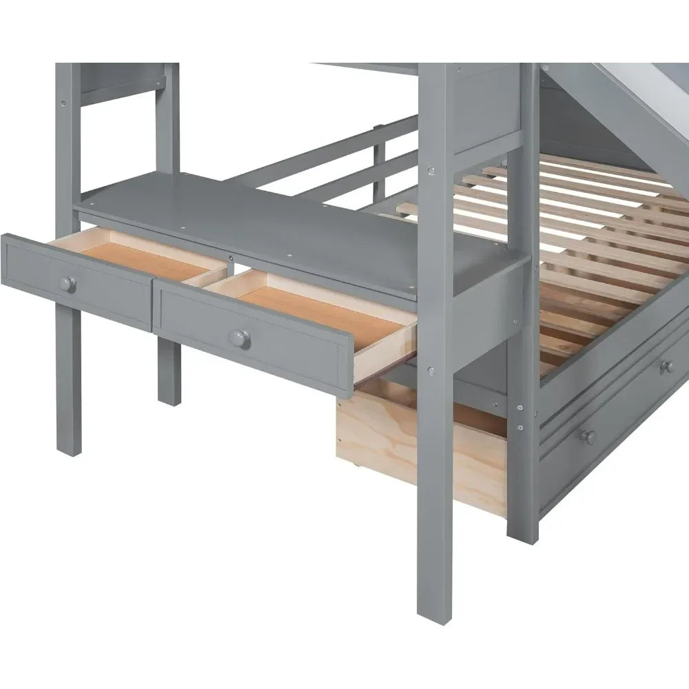Bunk Bed with Desk, Stairs and Slide, Wood Twin Over Twin Bunk Beds with Storage Shelves, Bunk Bed Twin with Drawers