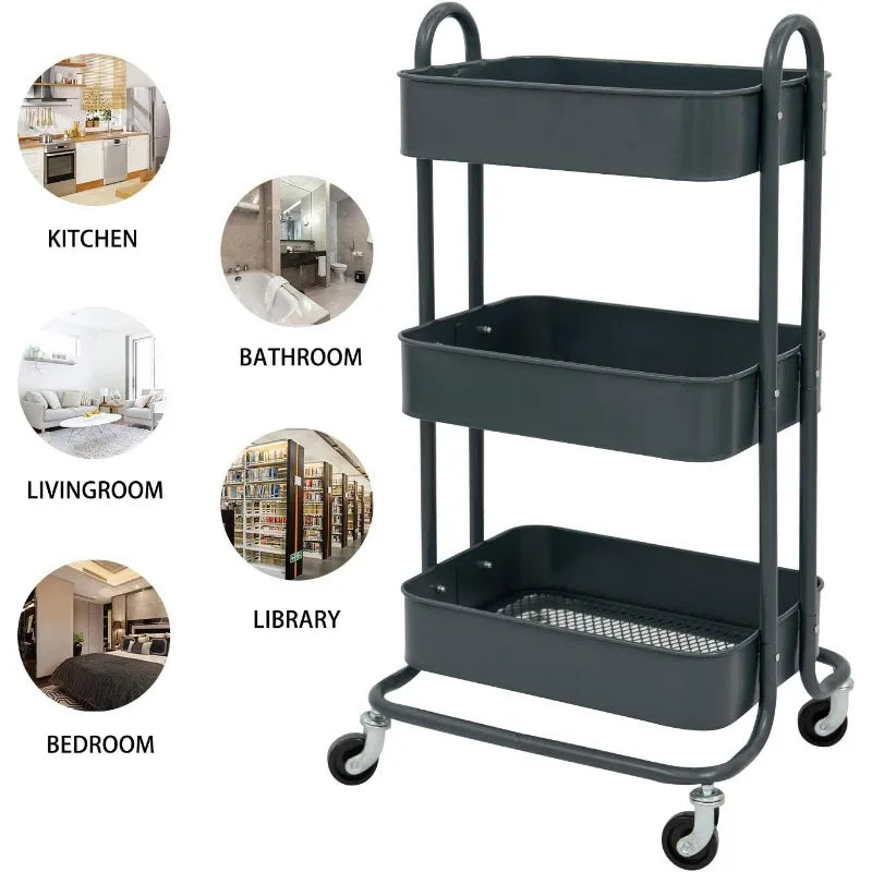 3-Tier Metal Rolling Storage Cart on Wheels Mobile Organizer with Utility Handle
