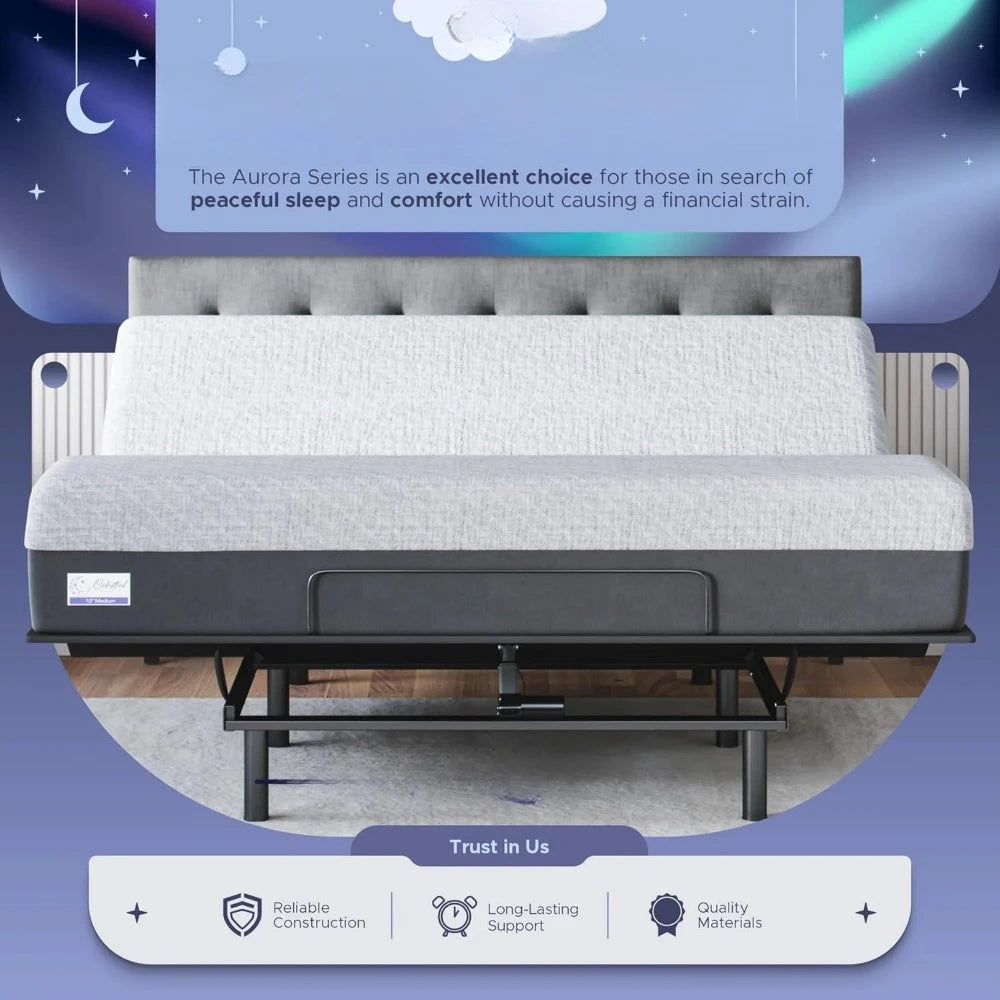 Adjustable Bed Base Frame Gel Memory Foam Mattress Set
