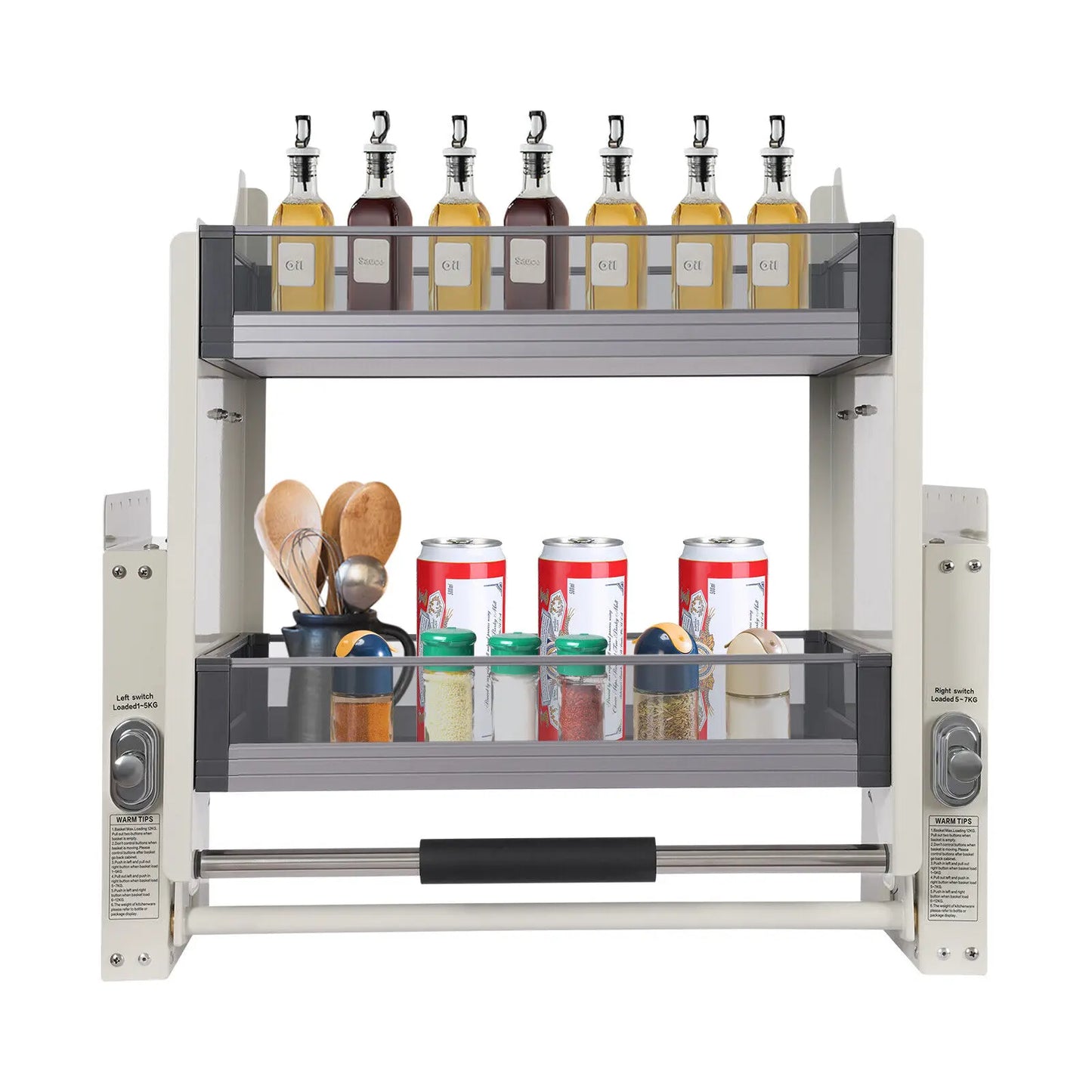 2 Tier Pull Down Kitchen Cabinet Storage Rack Aluminum Alloy and Tempered Glass Shelf with Soft Handle for Efficient Organization