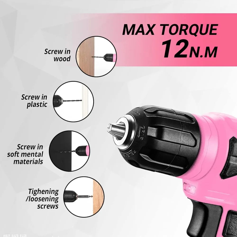 Drill Set: Tool Set with 8V Pink Cordless Drill, Home Tool Kit with Drill, Hand Tool Kits for Women 126 Piece