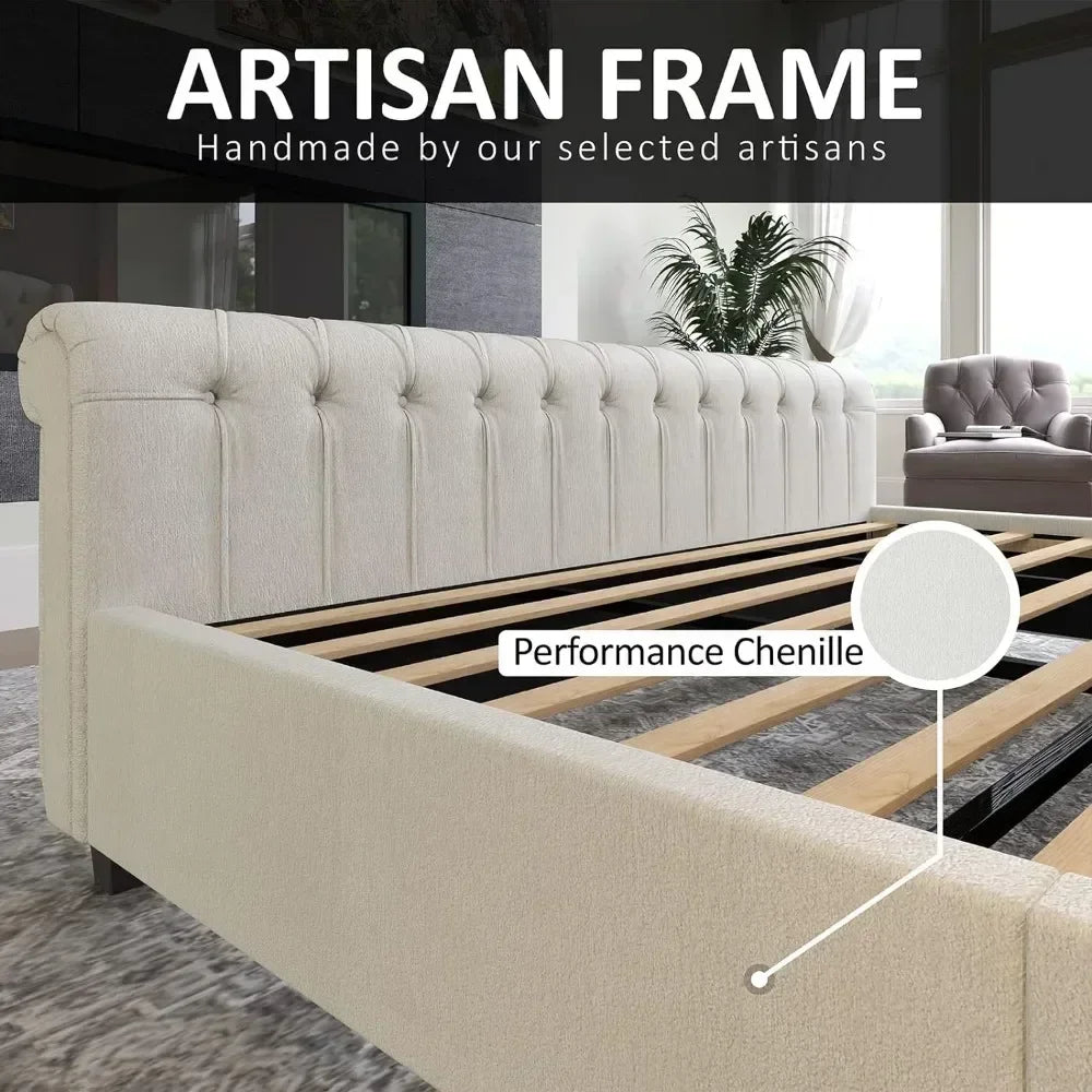 King Size Bed Frame, Chenille Upholstered Sleigh Beds