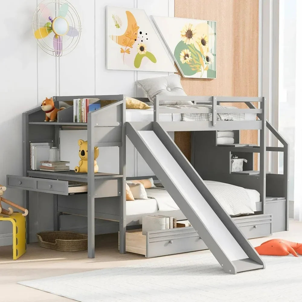 Bunk Bed with Desk, Stairs and Slide, Wood Twin Over Twin Bunk Beds with Storage Shelves, Bunk Bed Twin with Drawers