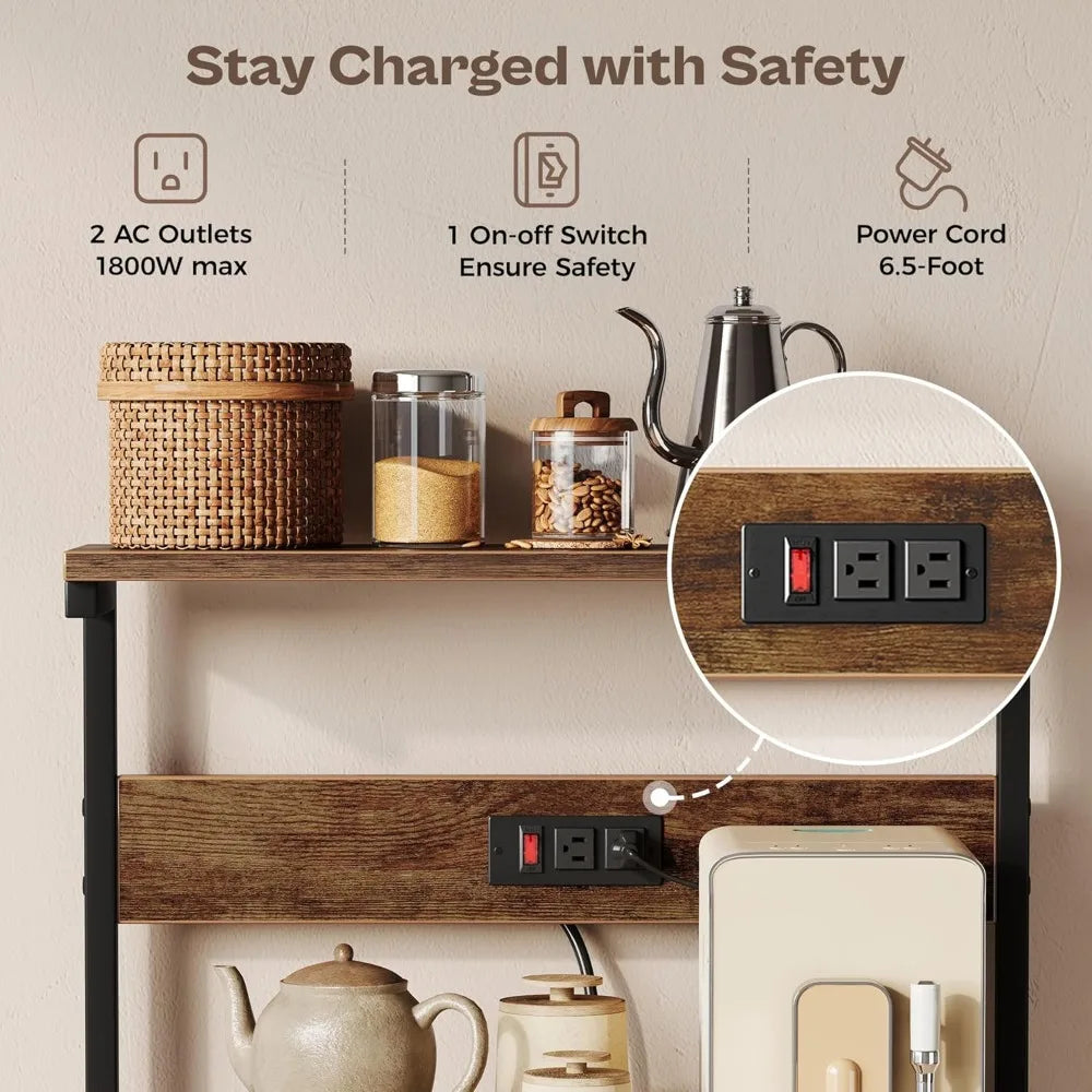 Kitchen Bakers Rack with Power Outlet and 4 Tier Storage
