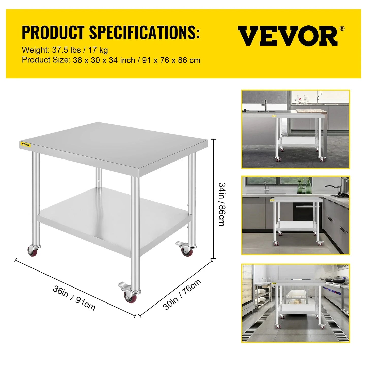 VEVOR Stainless Steel 700lbs Kitchen Worktable with 4Caster Wheels