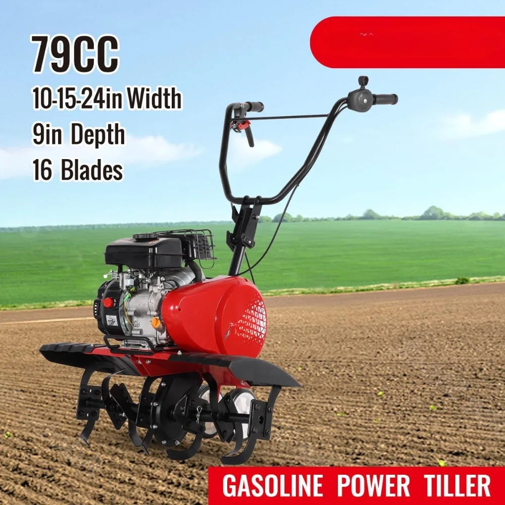 4-Cycle Gas Powered Tiller 79cc with Handle and Width Adjustable 24in