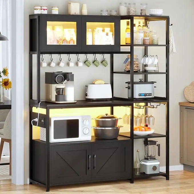 Itaar Bakers Rack with Power Outlet and LED Light 45.3 Inch Farmhouse Coffee Bar Cabinet