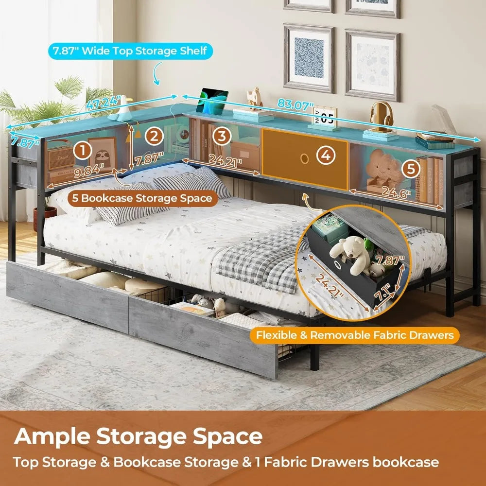Corner Bed Frame with Bookcase Storage and Led Lights Twin Size Metal Platform Bed Frame with Storage Drawers and Charging