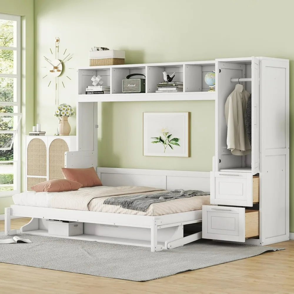 Full Size Murphy Bed Wooden Cabinet Bed with Closet and Drawers White