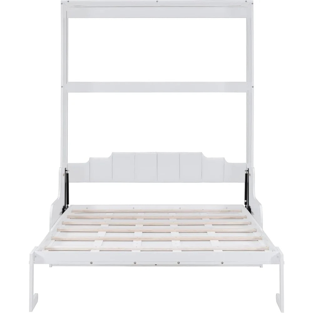 Murphy Bed Cabinet Queen Size with Sofa Chair and Wood Slat Support Space Saving Folding Wall Bed Frame