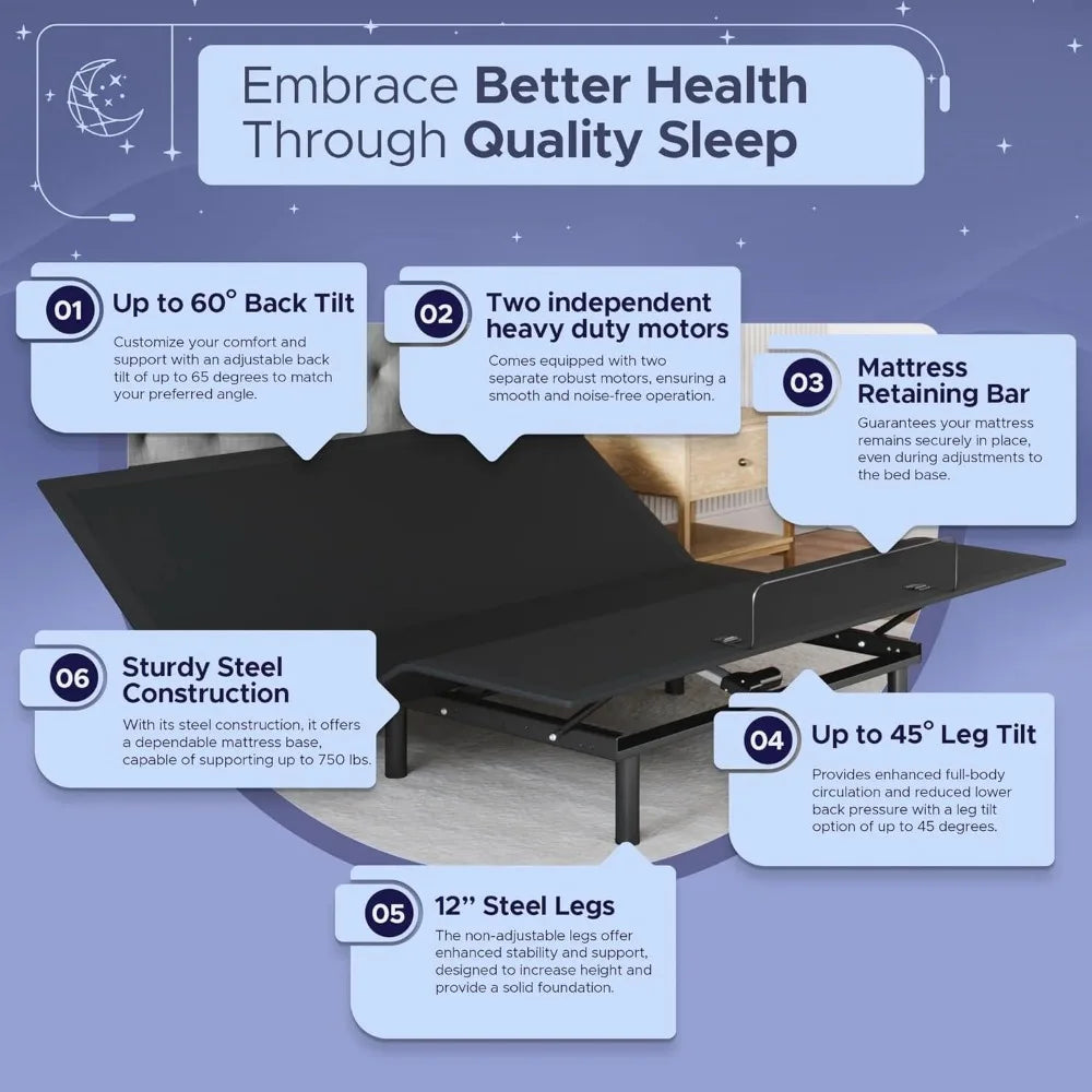 Adjustable Bed Base Frame Gel Memory Foam Mattress Set