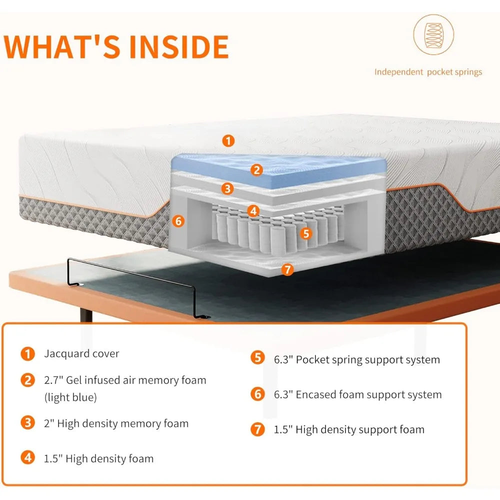 Queen Adjustable Bed Frame with 14 Inch Luxury Cool Gel Memory Foam Hybrid Mattress