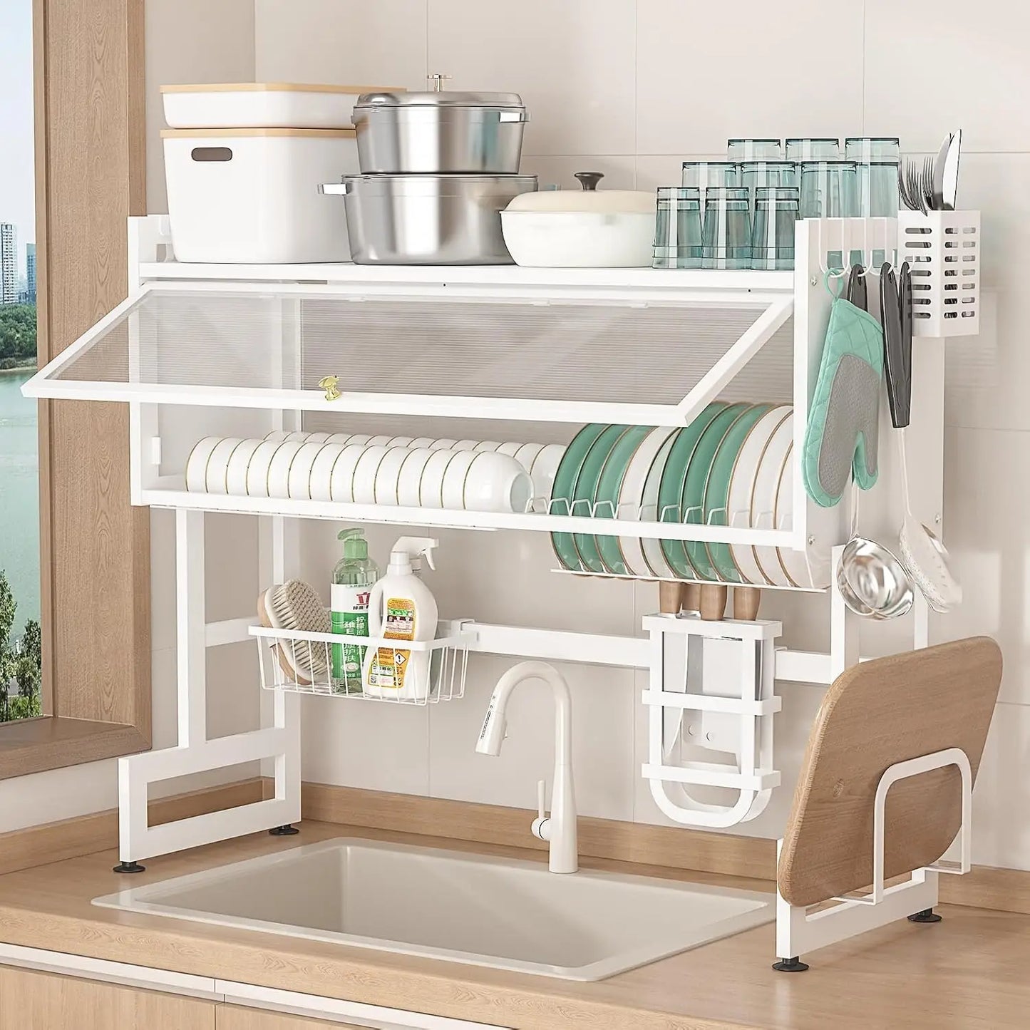 White Over The Sink Dish Drying Rack with Cover
