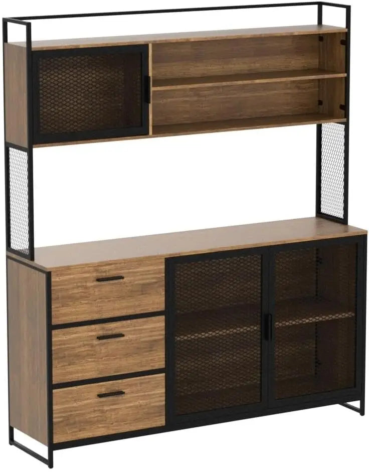 Modern Wood Sideboard Buffet Storage Cabinet with Hutch and Metal Mesh Doors, Three Drawers and Shelves for Kitchen Pantry
