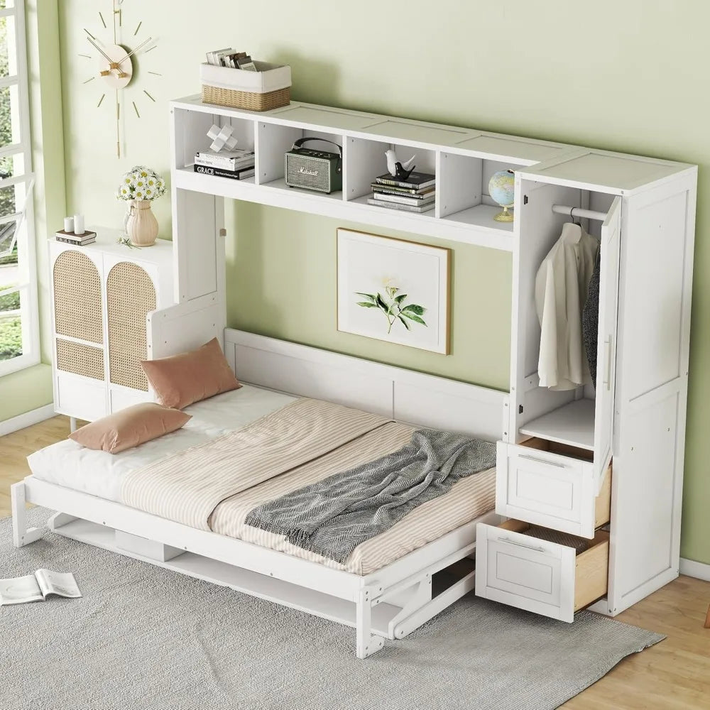 Full Size Murphy Bed Wooden Cabinet Bed with Closet and Drawers White