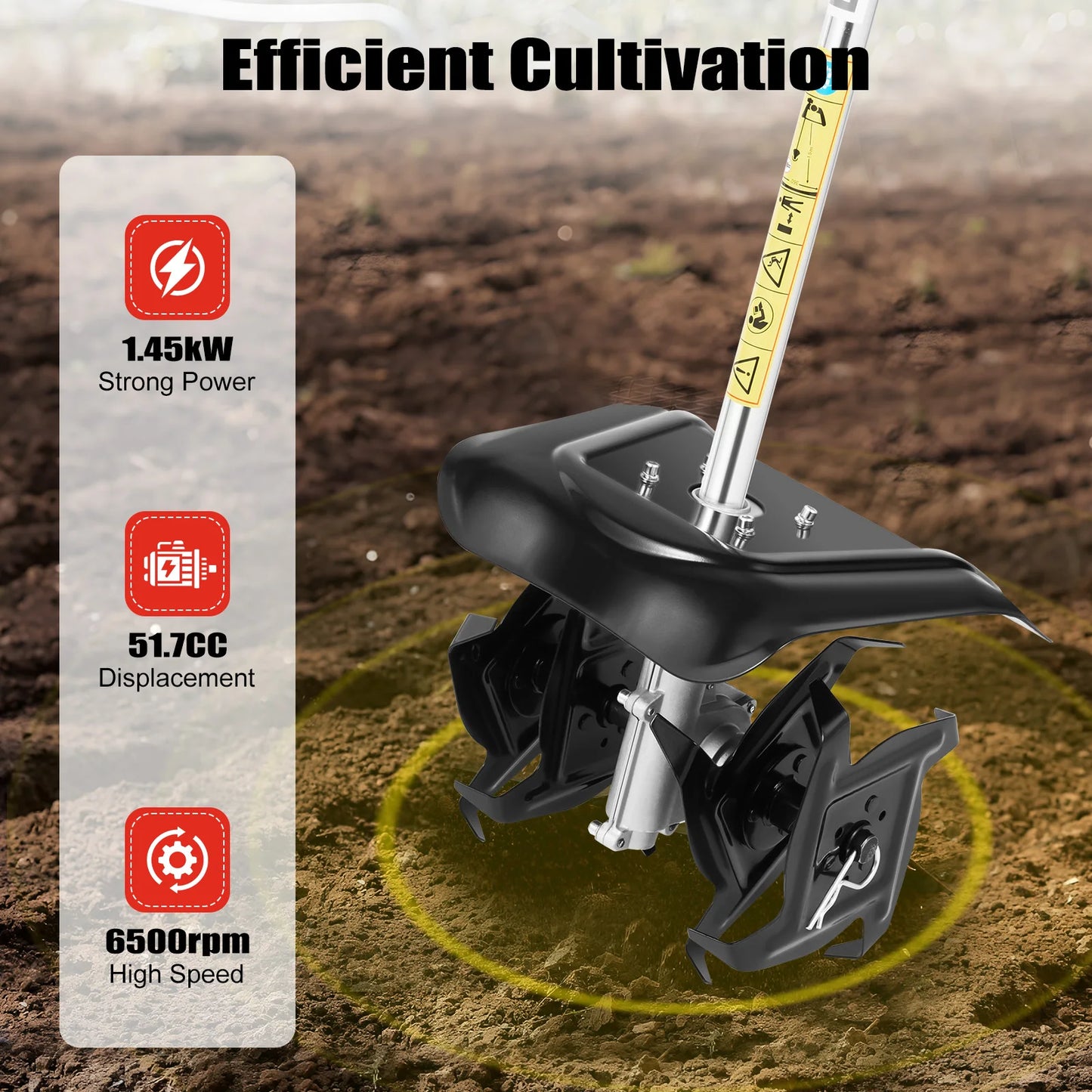 1.45kW 2-stroke 51.7cc Gas-powered Tiller Cultivator Low Noise Gardens Loosen Soil Machine 6500rpm