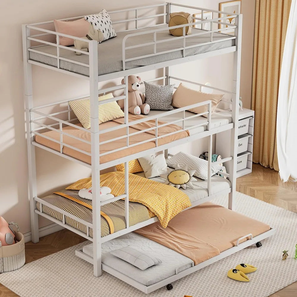 Harper & Bright Designs Metal Twin Size Triple Bunk Bed with Trundle for 4, Bunk Beds with 2 Ladders & Guardrails, Convertible t