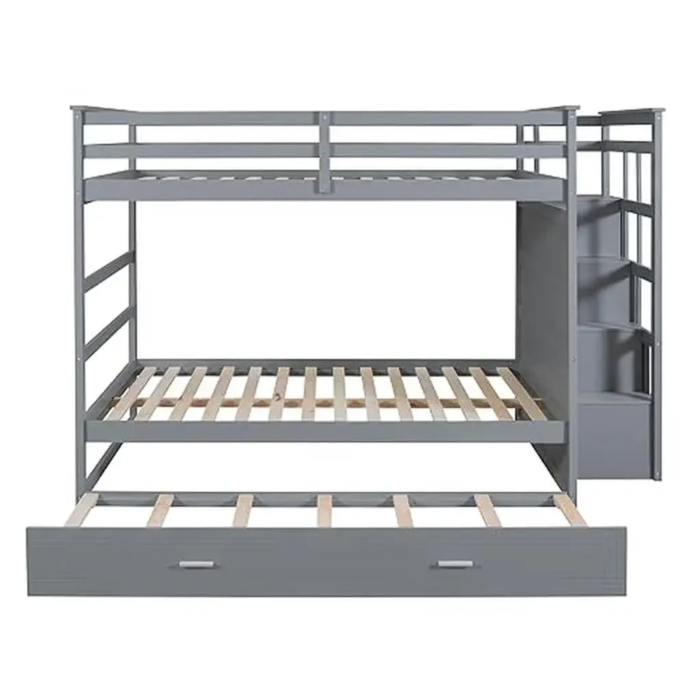 Full Over Full Bunk Bed with Storage Trundle Staircase in Modern Gray Wooden Twin Size Kids Bedroom Furniture with 4 Drawers Solid Pine