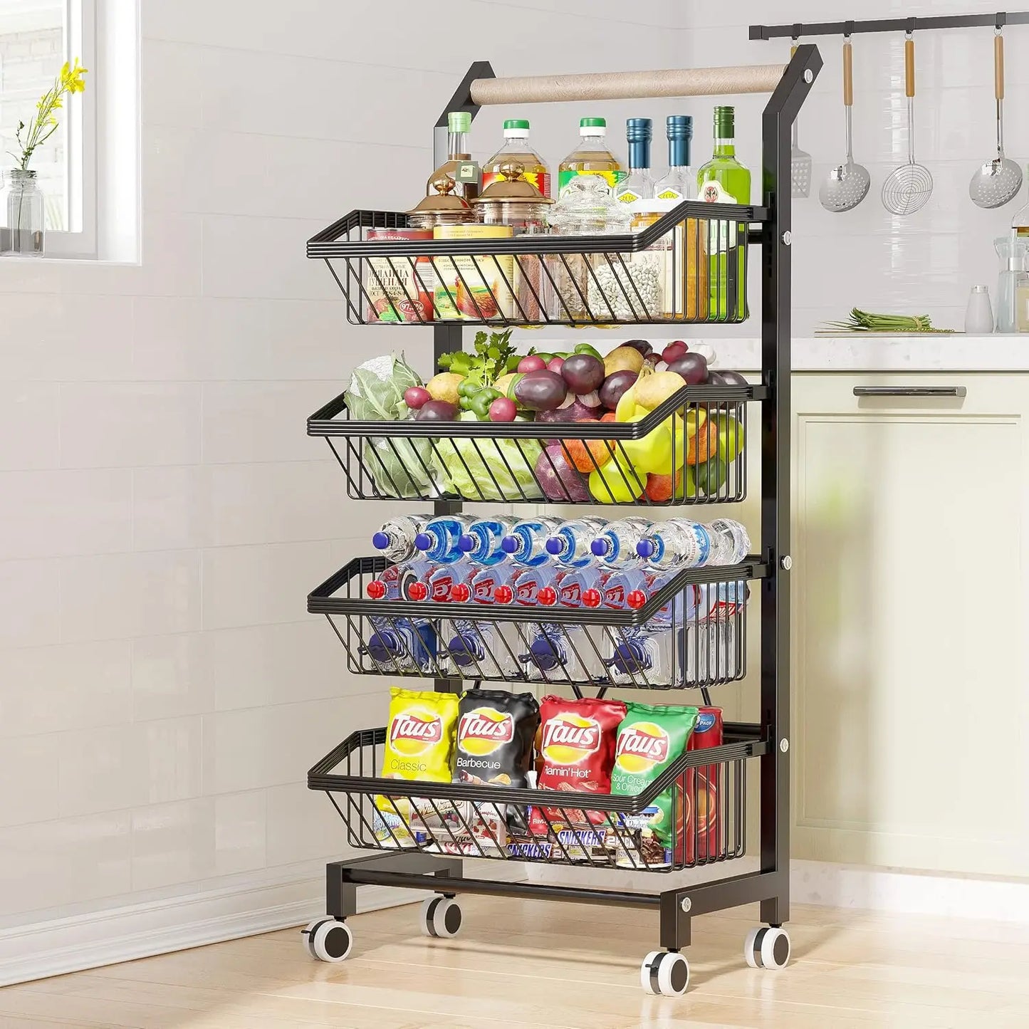 Wheel Snack Cart, 4-storey Adjustable Fruit Rac