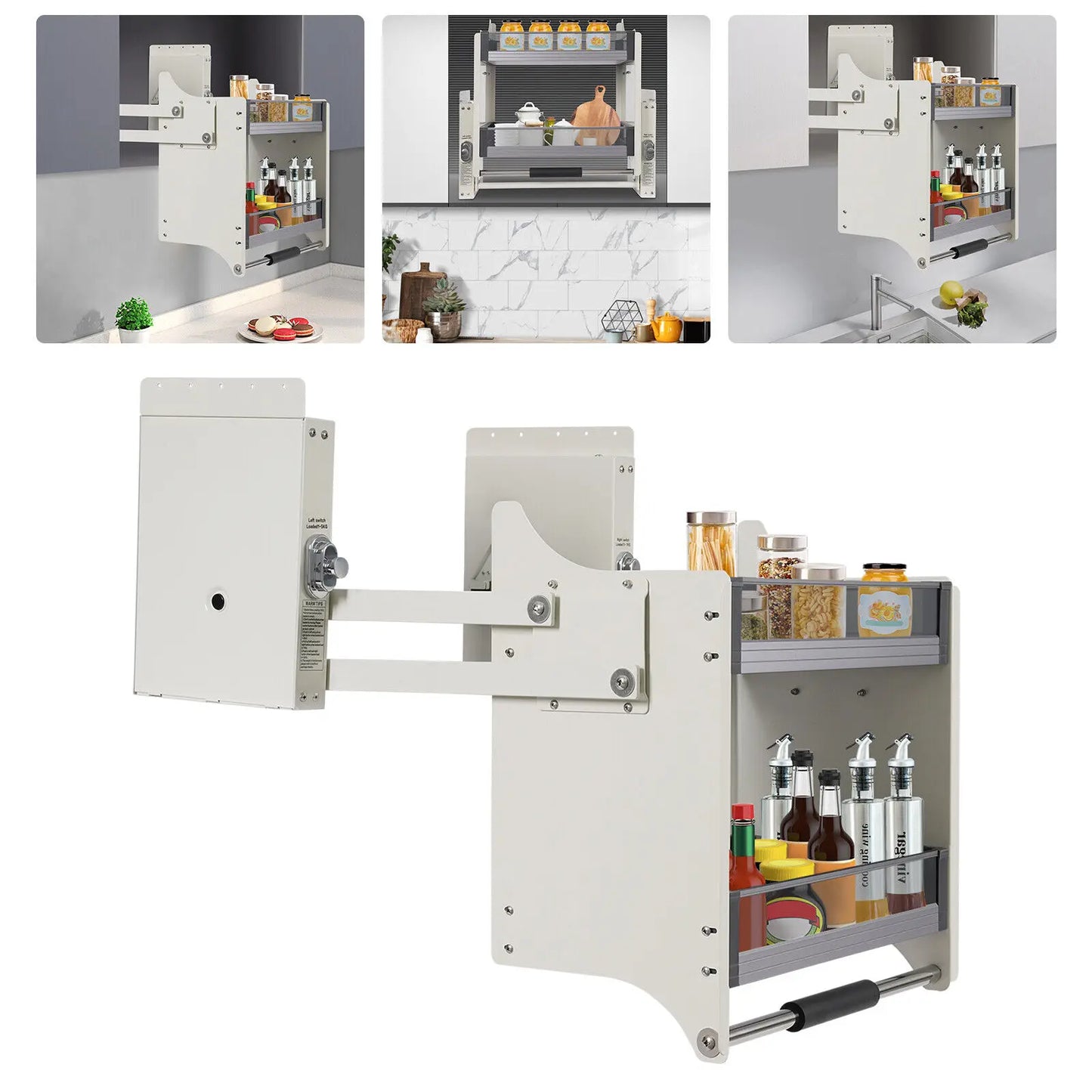 2 Tier Pull Down Kitchen Cabinet Storage Rack Aluminum Alloy and Tempered Glass Shelf with Soft Handle for Efficient Organization