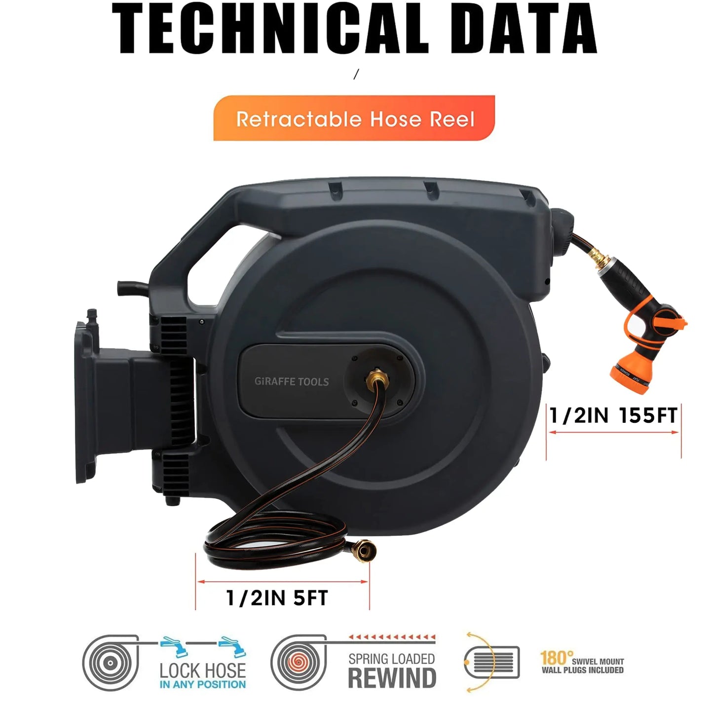 Giraffe Tools AW50 Hose Reel 1/2" x 155 ft, Heavy Duty Retractable Garden Hose Reel with Any Length Lock, Slow Return System