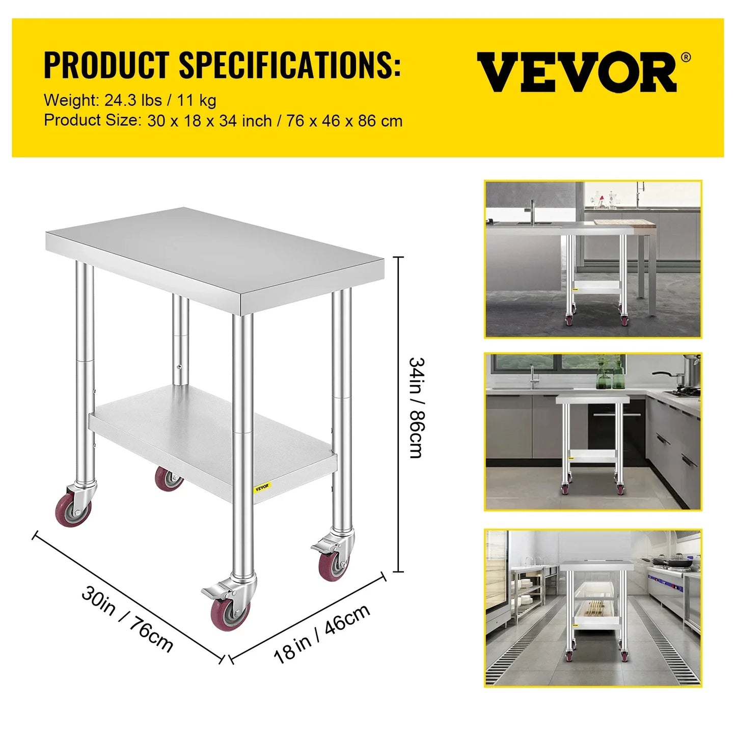 VEVOR Stainless Steel 700lbs Kitchen Worktable with 4Caster Wheels