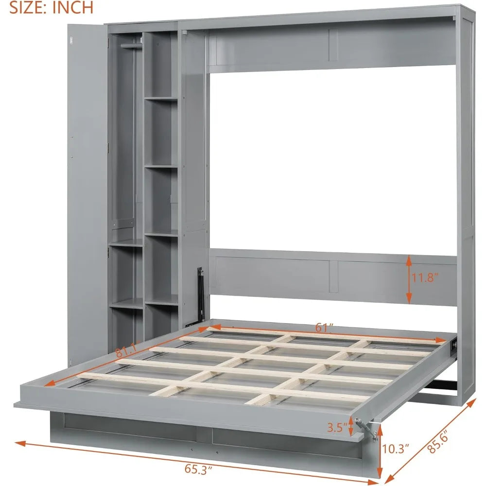 Queen Size Murphy Bed Wall Bed with Shelves Wardrobe and LED Lights Solid Wood Frame Easy to Assemble Minimalist Modern Design