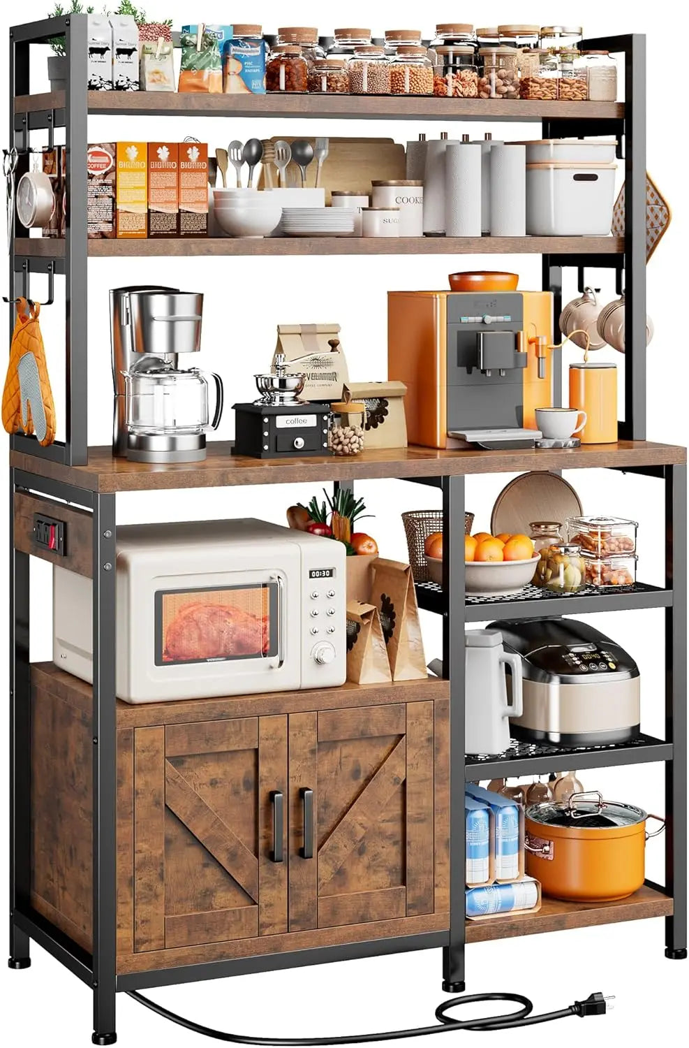 Bakers Rack with Power Outlet and Coffee Bar Storage Shelf