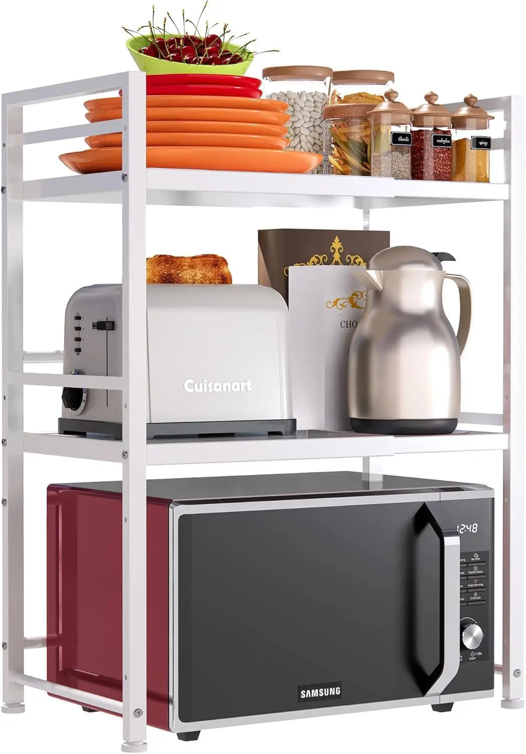 Expandable Microwave Rack, Countertop Kitchen Utensils Tableware Storage, Carbon Steel 3 Tier Shelf with 3 Hooks