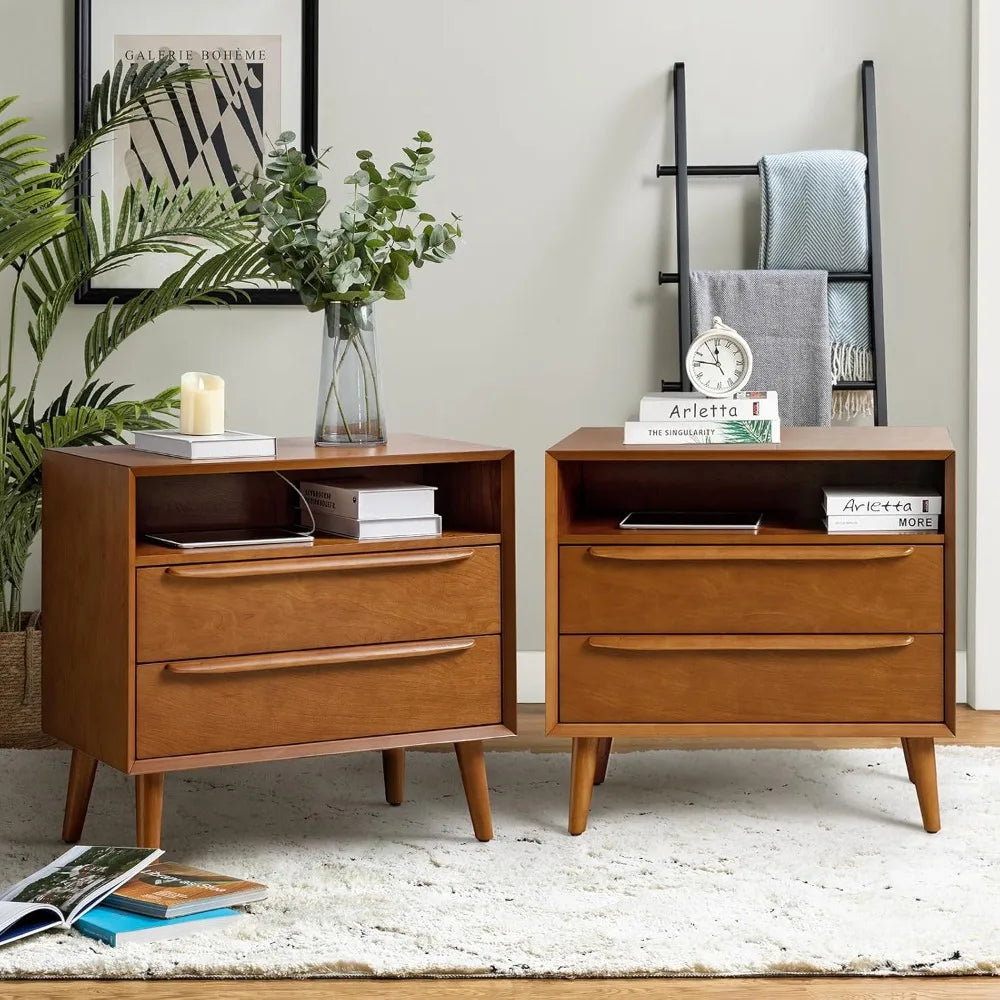 Nightstand with Charging Station, Set of 2 Mid-Century 2 Drawer and Open Shelf Dresser for Bedroom, Fluted Bedside Table
