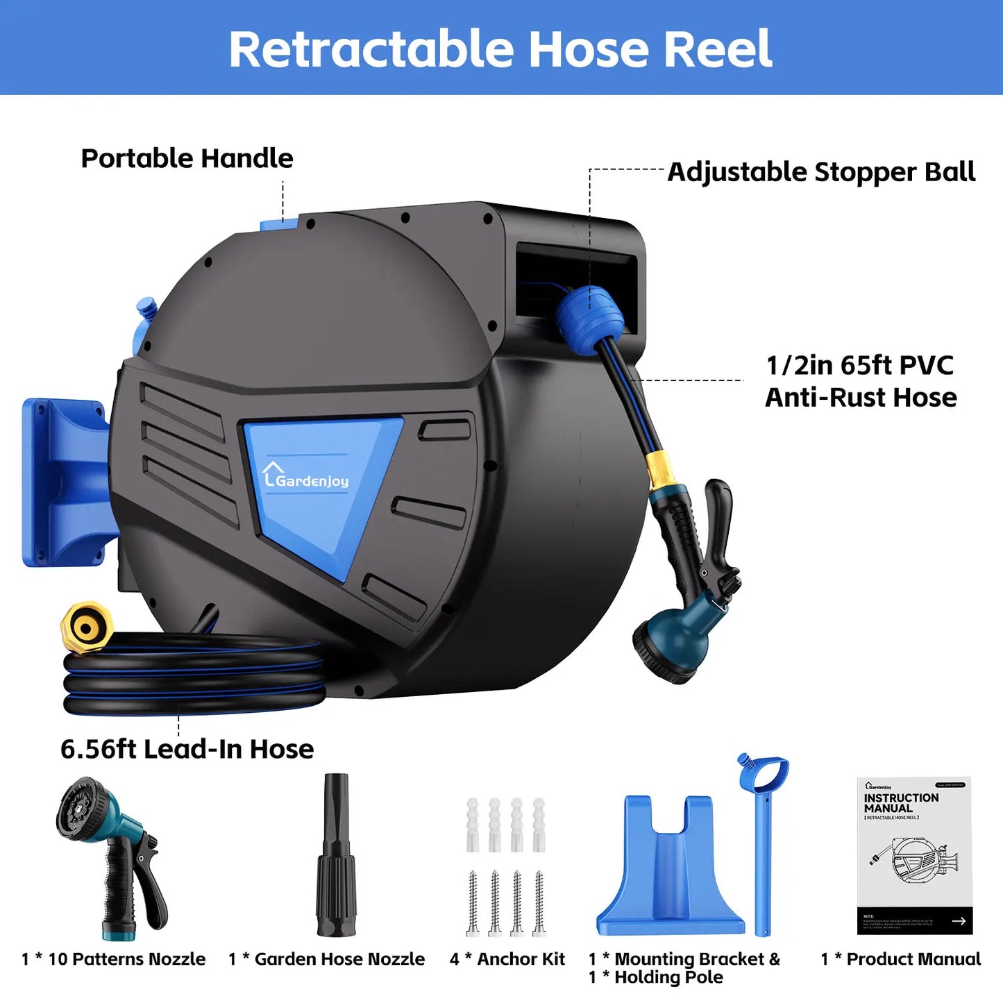 GardenJoy Retractable Garden Hose Reel 1/2 Inch 65 Feet Wall Mounted Hose Locking Mechanism