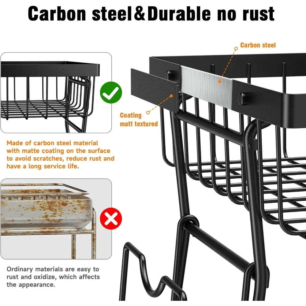 Stainless Steel Dish Drying Rack,2 Tier Large Dish Rack for Kitchen Counter,Dish Drainer with Utensil Holder & Cup Holder,Black