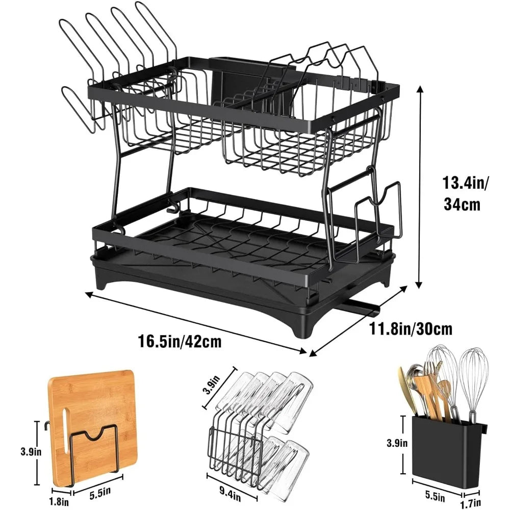 Stainless Steel Dish Drying Rack,2 Tier Large Dish Rack for Kitchen Counter,Dish Drainer with Utensil Holder & Cup Holder,Black