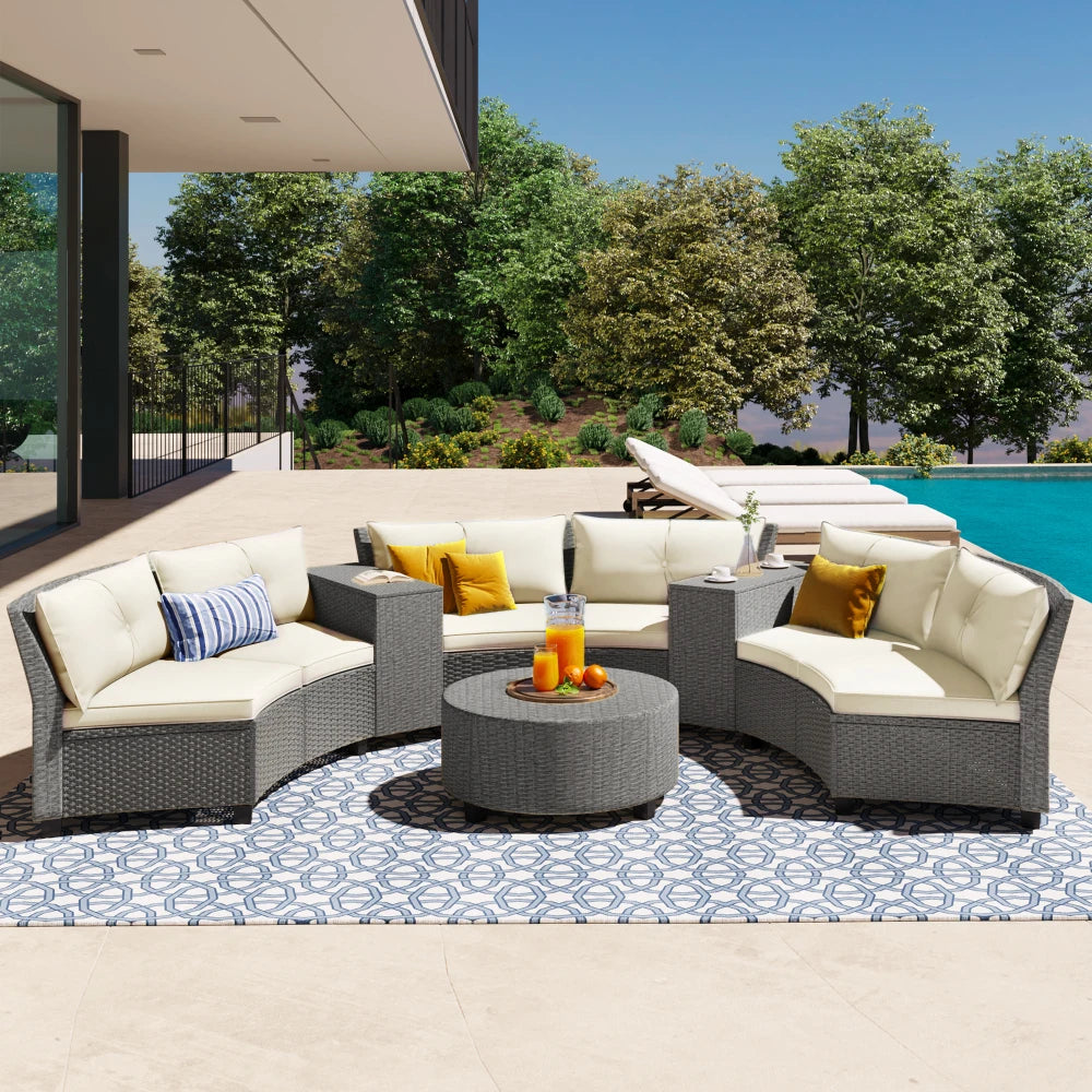 U_Style 6 - Person Fan-shaped Rattan Suit Combination with Cushions and Table
