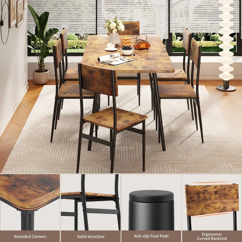 63” Extendable Dining Table Set for 4-6 People, 7-Piece Dining Table Set for 6 People with 6 Chairs