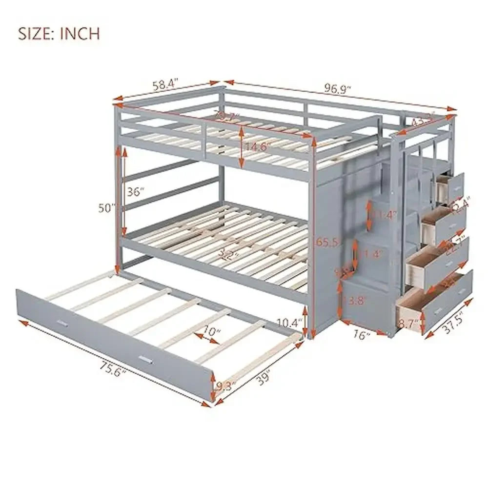 Full Over Full Bunk Bed with Storage Trundle Staircase in Modern Gray Wooden Twin Size Kids Bedroom Furniture with 4 Drawers Solid Pine