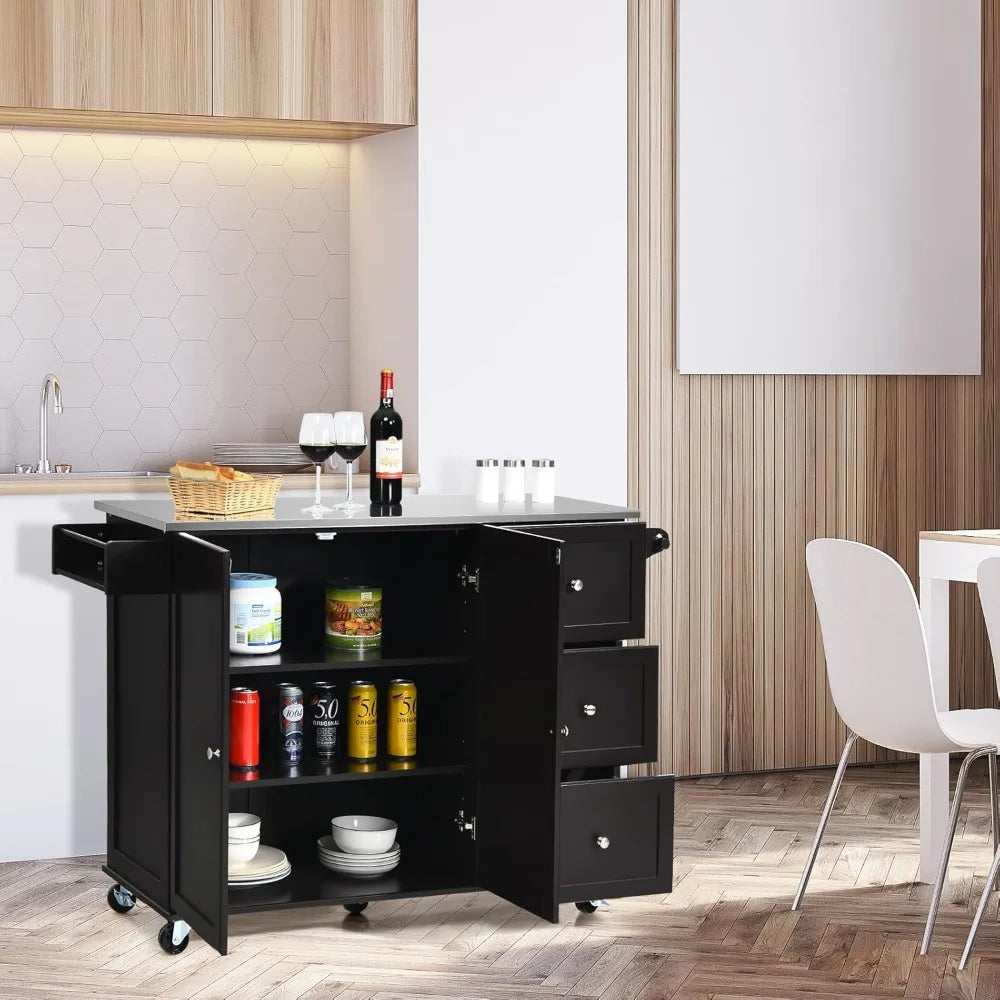 Kitchen Island with Stainless Steel Top, Rolling Kitchen Trolley Cart