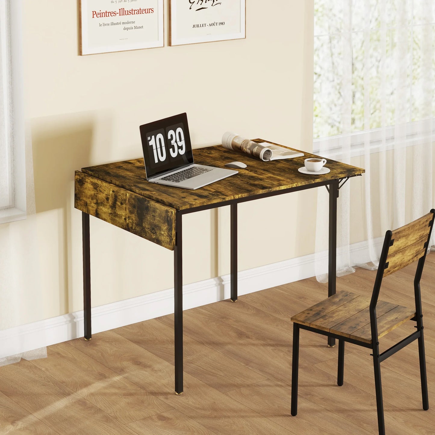 Homcom Industrial Folding Dining Table, Drop Leaf Table, Rustic Brown