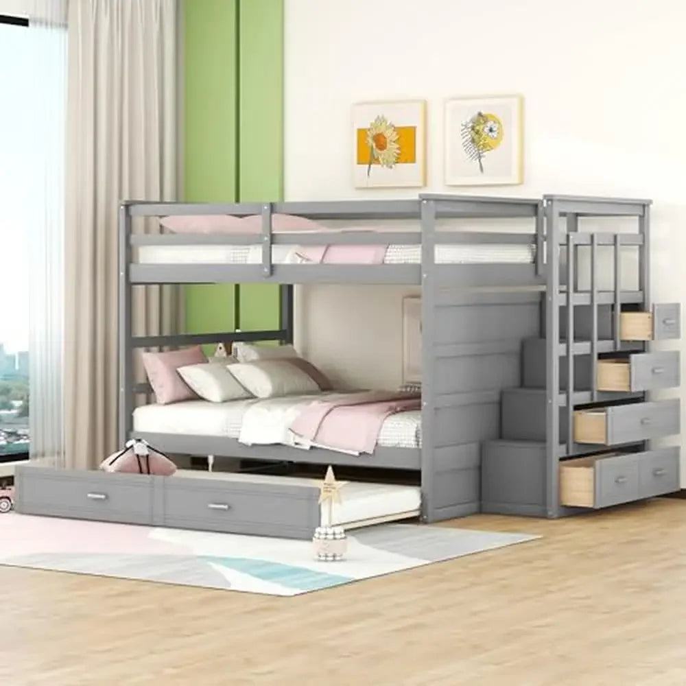 Full Over Full Bunk Bed with Storage Trundle Staircase in Modern Gray Wooden Twin Size Kids Bedroom Furniture with 4 Drawers Solid Pine