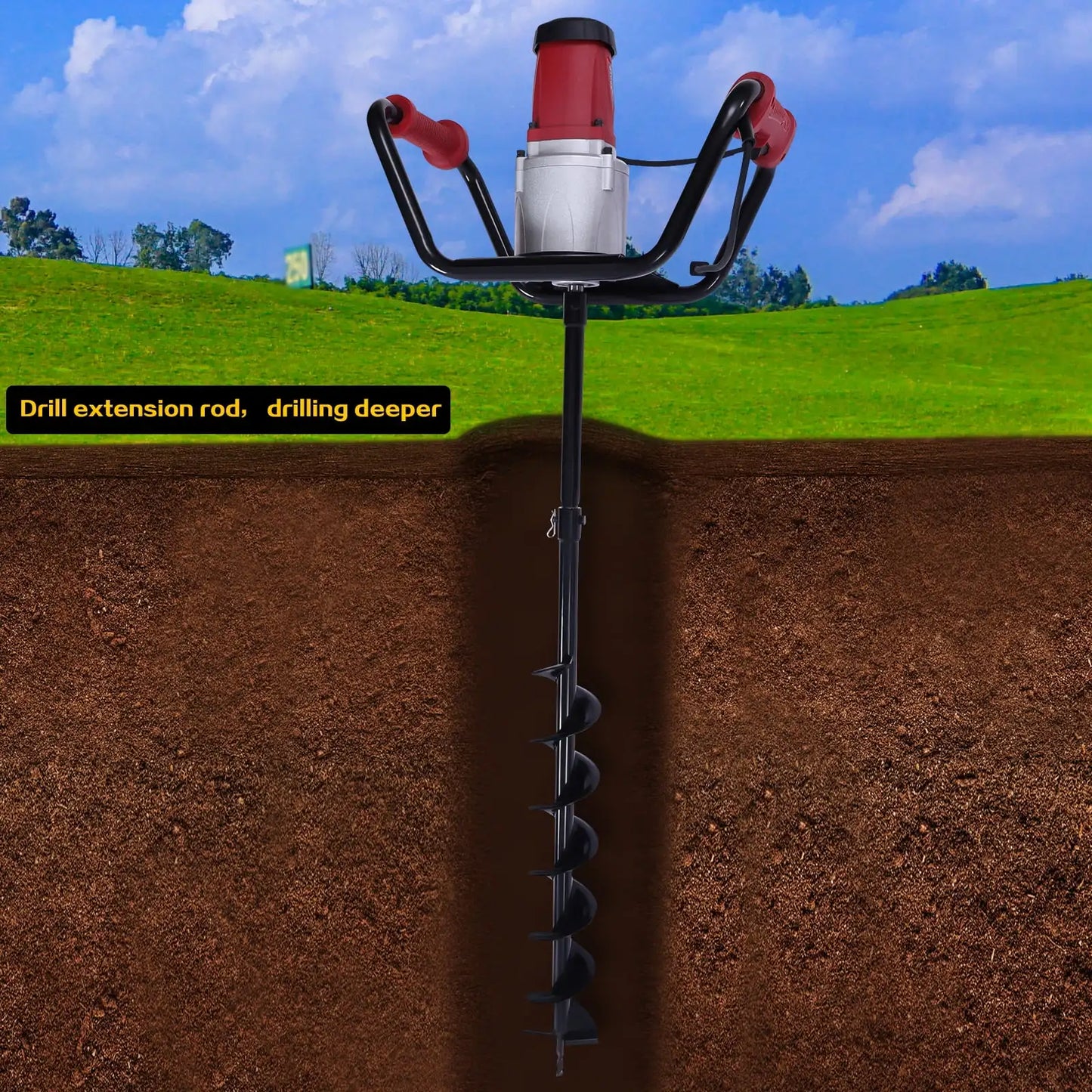 1500W Electric Post Hole Digger Plant Fence Ground Digging Drill Garden Borer Tools 1.6HP 200Rpm with 4" Bit and Extension Rod