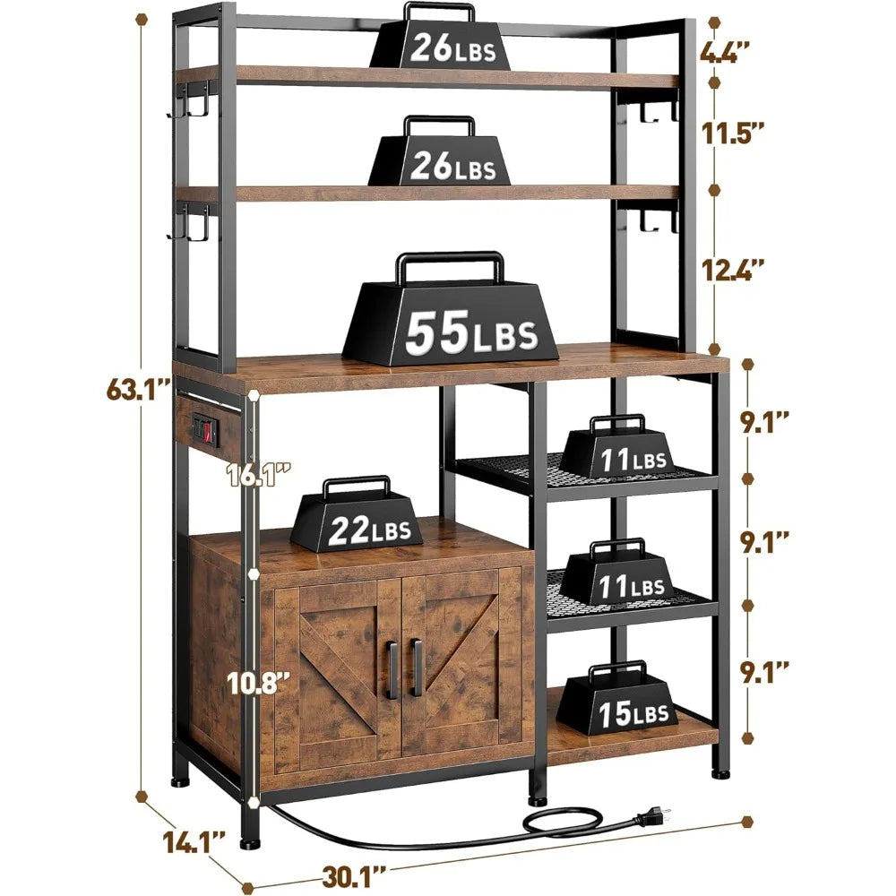 Bakers Rack with Power Outlet and 6 Tier Microwave Stand