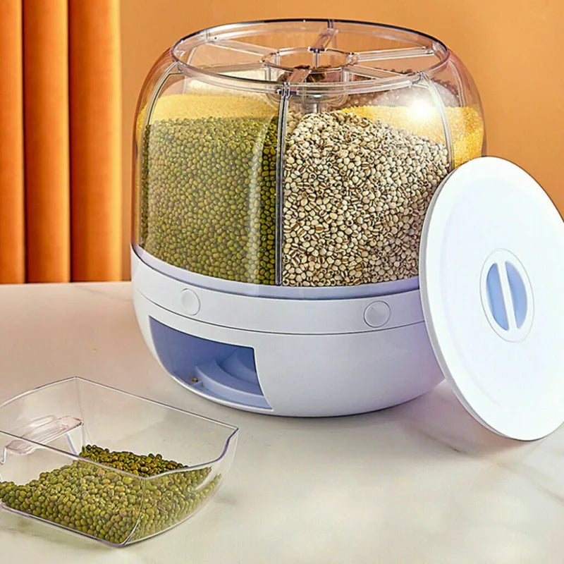 Rice Storage Container Cereal Dispenser 6-grid 360° Rotating Bucket Sealed Tank Grain Box Kitchen Accessories