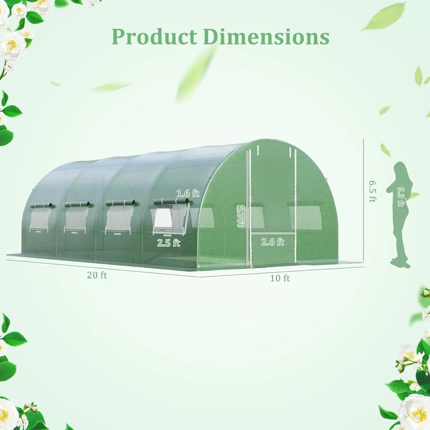 20 x 10 x 6.5 FT Greenhouse for Outdoor, Walk-in Tunnel Greenhouse with 10 Roll-up Windows