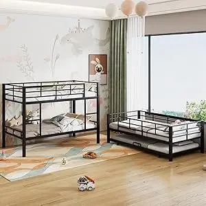 Harper & Bright Designs Metal Twin Size Triple Bunk Bed with Trundle for 4, Bunk Beds with 2 Ladders & Guardrails, Convertible t