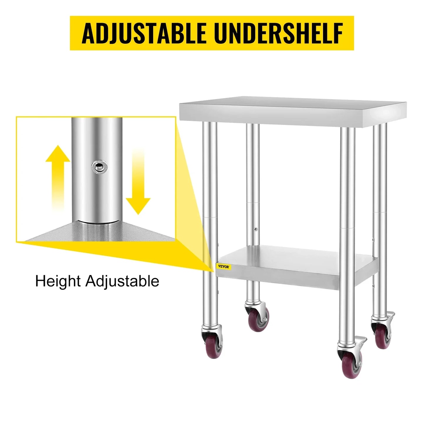 VEVOR Stainless Steel 700lbs Kitchen Worktable with 4Caster Wheels