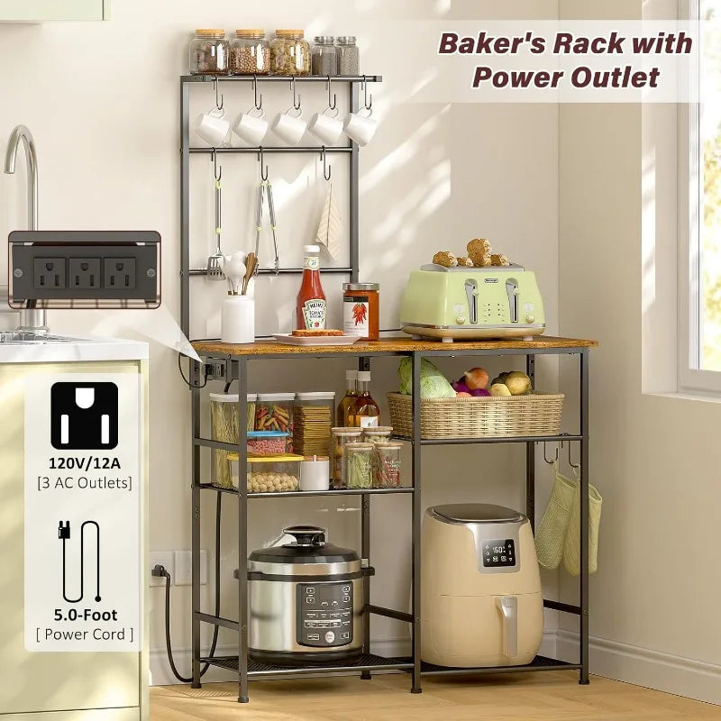 Bakers Rack with Power Outlet and 6-Tier Kitchen Shelf