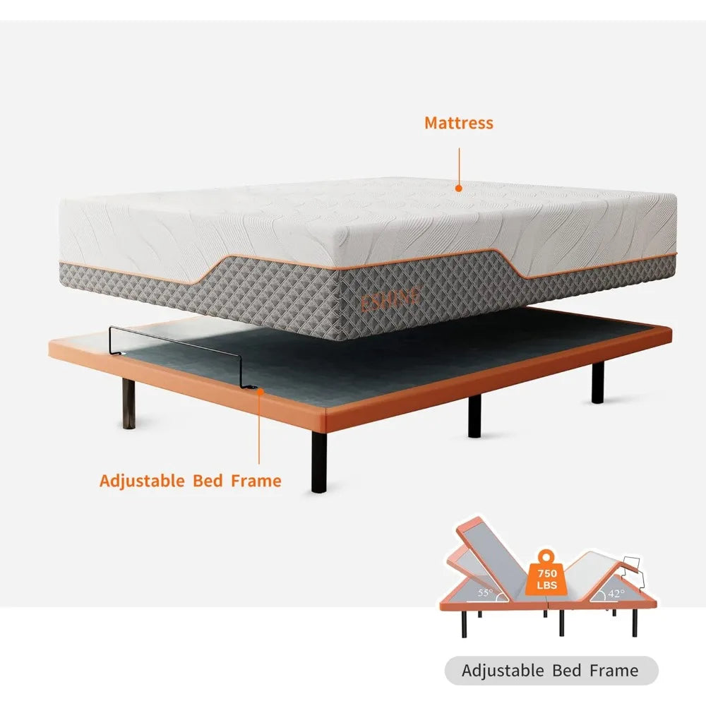 Queen Adjustable Bed Frame with 14 Inch Luxury Cool Gel Memory Foam Hybrid Mattress